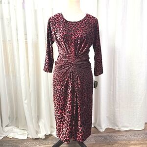 Taylor‎ Red & Black Leopard Print Velvet Midi Dress Size 8 Ruching Mob Wife